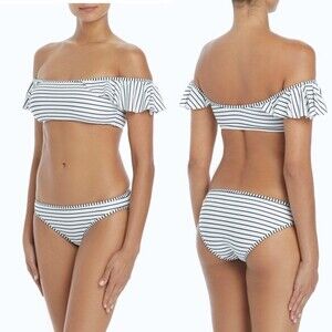 Vince Camuto Bikini Set White & Black Stripes Ruffled Off Shoulder Size Small